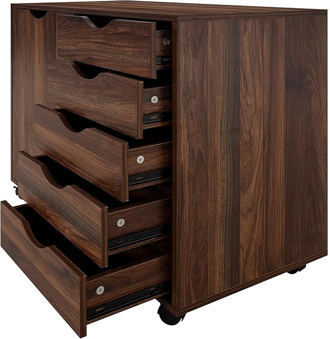 Naomi Home Wooden 5 Drawer Dresser with Cabinet Shelves and Wheels, Drawer Dresser for Bedroom Closet and Dressing Room Storage in Brown Oak