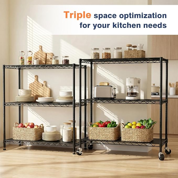 3 Tier Metal Wire Shelf Rack,35.4x17.7 x36.5(WxDxH), Heavy Duty Standing Storage Shelves with Lockable Wheels,Adjustable Wire Shelving Unit for Garage,Kitchen,Ofice,Pantry,Laundry,Black