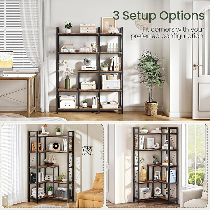 CHOEZON Corner Bookshelf, 5-Tier L-Shaped Bookcase, Corner Shelf with Metal Frame, Industrial Tall Display Shelf, for Living Room, Home Office, Bedroom, Rustic Brown TSJ12BF