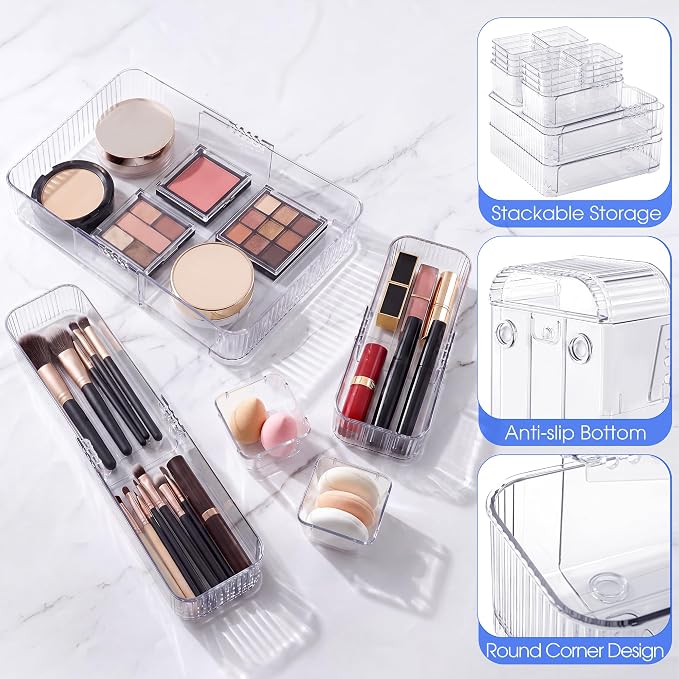 Aneco 25 Pieces Extendable Clear Drawer Organizer Adjustable Vanity Storage Box 4-Size Desk Drawer Divider Acrylic Storage Bins for Makeup, Cosmetic, Jewelries, Bedroom Kitchen Utensils Gadgets