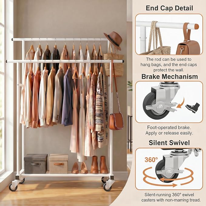 Calmootey Rolling Garment Rack with 2 Rods, Clothes Organizer for Bedroom | High-Low Rods, Two Lockable Wheels, Sturdy Metal Frame, Space-Saving, Fits Laundry, Living Room, White