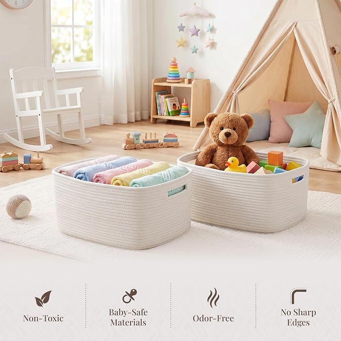 4-Pack Large Woven Rope Storage Baskets, 2 Sizes Organizer Bins | Fabric Cube Boxes and Rectangular Shallow Bins for Closet, Shelf, Bookshelf, Nursery, Changing Table, Bathroom, Toys & Home