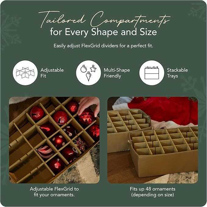 Covermates Keepsakes Adjustable Ornament Storage Box – Heavy-Duty Polyester, Padded Dividers & FlexGrid Trays – Protective Holiday Organizer with Stackable Walls & Label Window, Green Snowflake