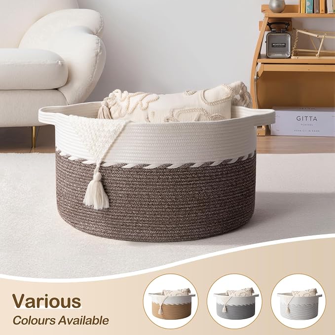 OIAHOMY 105L Extra Large Blanket Basket - Decorative Cotton Rope Storage Basket for Bedroom, Living Room & Nursery - Woven Laundry Hamper for Organizing Blankets, Clothes & Toys - Light Brown & White