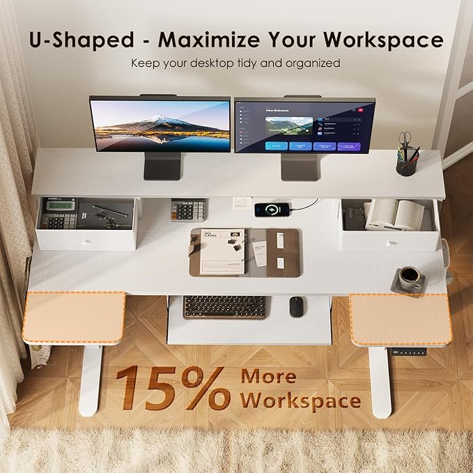 OffiGo 55 Inch U Shape Standing Desk with Keyboard Tray & Drawers, White | 3 Outlets & 2 USB Ports, Dual-Monitor Stand, 10 Colors & 10 LED Modes, 3 Presets, 28.3"-46.5"in Range, 154 lb Capacity
