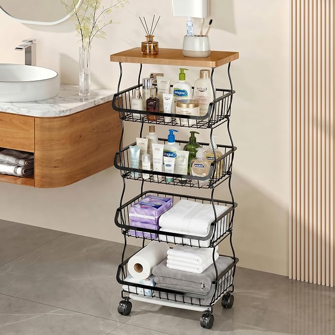 VECELO 5-Tier Fruit Basket with Wheels, Fruit and Vegetable Storage Cart for Kithchen, Stackable Produce Organizer Wire Baskets for Kitchen, Pantry, Living Room