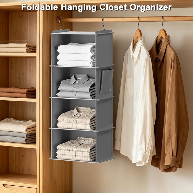Foldable Hanging Closet Organizer, 4-Shelf Hanging Shelves with Side Pockets, Space Saving Storage for Clothes and Accessories