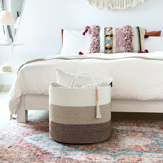 Mkono Woven Storage Basket Decorative Natural Rope Basket Wooden Bead Decoration for Blankets,Toys,Clothes,Shoes,Plant Organizer Bin with Handles Living Room Home Decor, 16" W × 13.8" L