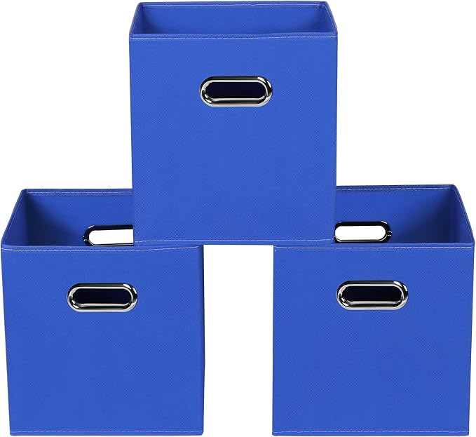 Dark Blue Fabric Storage Bins, Set of 3, 11x11x11, Foldable Cube Bins for Cloth or Accessory Storage