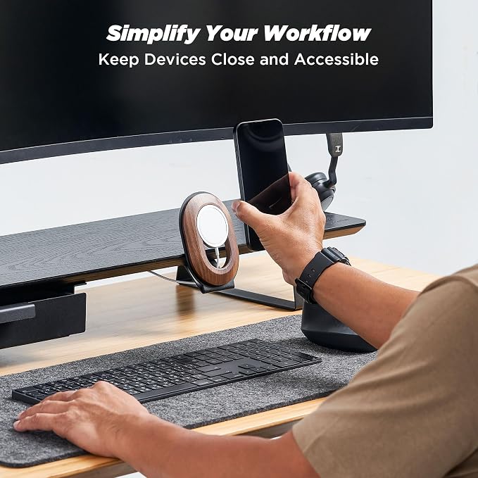 ULTRARM Moodular Phone Stand Add-On for MagSafe & Rails, Do Not Use Alone | Accessory Only, Charger Not Included, Ergonomic Viewing Angle, Flexible Positioning, Wood & Steel Design, Black, MSA-MS