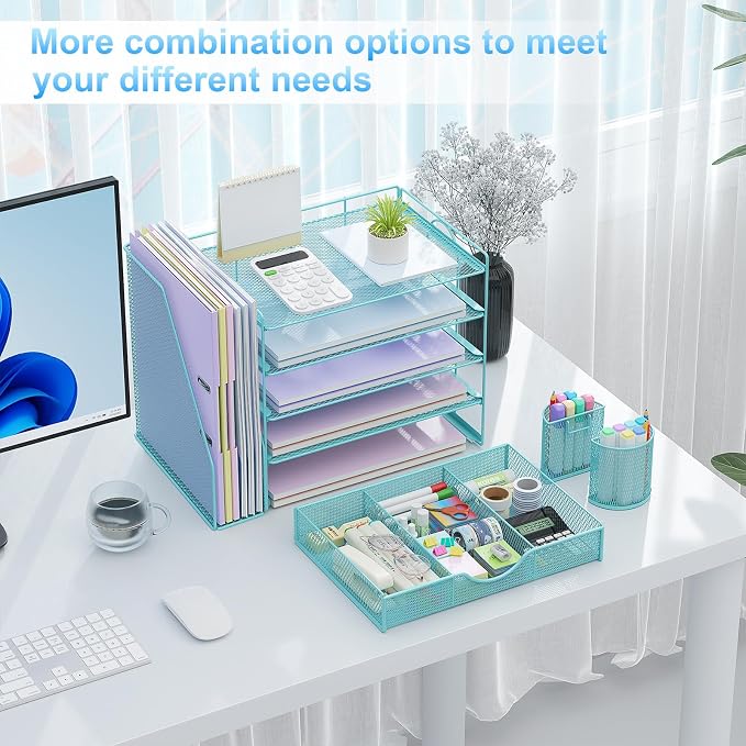 gianotter 5-Tier Desk Organizer with Drawers, File Holders, Letter Trays and Pen Holders - Workspace Accessories for Office Supplies (Blue)
