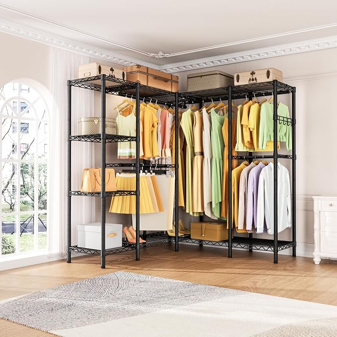 Golpart Heavy Duty Garment Rack Clothes Rack,Large Metal Closet Organizer System Storage Wardrobe,Freestanding Clothing Rack with Adjustable Wire Shelves& Hang Rods,MaxLoad 1100lbs