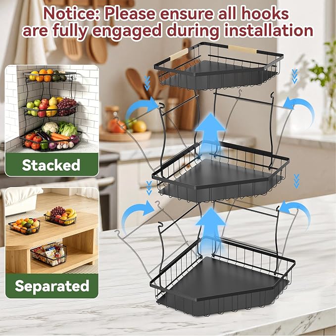 3 Tier Fruit Basket for Kitchen Counter - Detachable Metal Fruit Bowl with 2 Banana Hangers for Corner , Large Capacity Fruit Stand with Wooden Handle for Bread Fruit and Vegetable Storage - Black