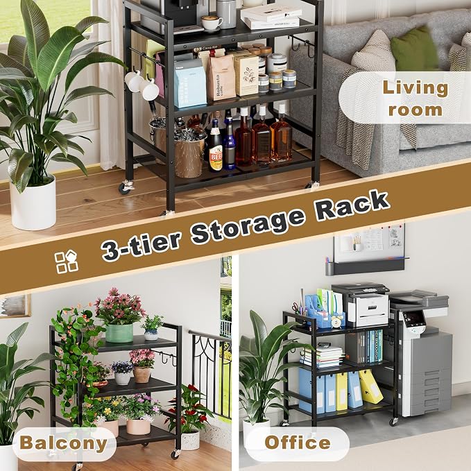 Rolling Kitchen Microwave Cart, 3 Tier Microwave Stand with Wheels, Bathroom Organizers and Storage Shelf, Serving Cart, Baker's Rack, Coffee Bar Table Station for Kitchen, Office, Black