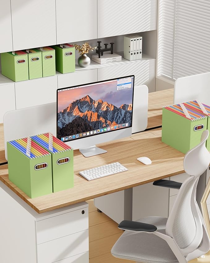 Oterri File Organizer Box, Portable Collapsible Cardboard File Folder Organizer with Handle for Letter Size Hanging Files, Document Storage Box for Home Office & Classroom (2 Packs, Green)