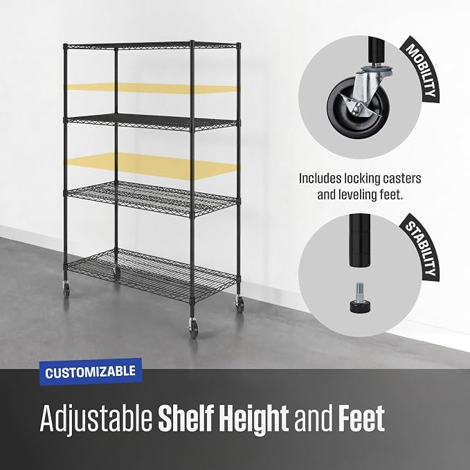 SafeRacks NSF 4-Tier Heavy Duty Steel Wire Rack w/Wheels (24"x48"x72")