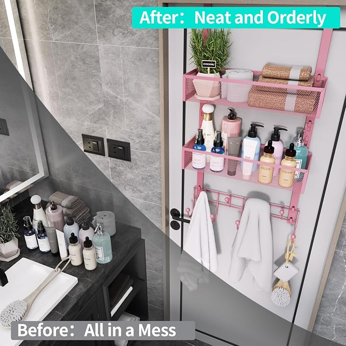 HapiRm Over The Door Hanger with Coat Hooks and 2 Baskets, Rustproof & Waterproof Pink Over The Door Hooks, Storage Organizer for Hats, Bathroom, Kitchen, Bedroom - Pink