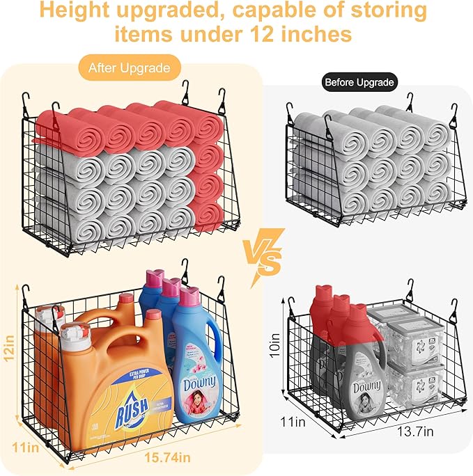 Sonyabecca 3-Pack Hanging Laundry Baskets, Foldable Metal Wire Shelves with 360° Rotating Hooks, Space-Saving Over Washer/Dryer or Closet Storage for Laundry Room & Closet Organization, Black