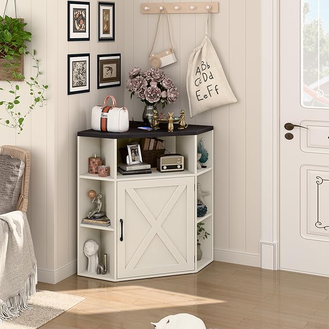 Halitaa Corner Storage Cabinet, Farmhouse Corner Bookshelf with Storage 6-Cubby Wooden Cabinet with USB Ports and Outlets Industrial Organizer for Small Space, Study, Playroom, Living Room