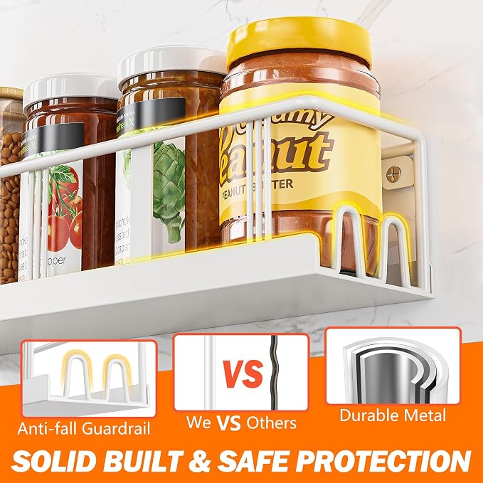 Bunoxea Spice Rack Wall Mounted 3 Pack,RV Spice Rack,White | 12 Built-in Hooks,3 Versatile Sizes, Space-Saving,Flat Base, Screw or Adhesive, For Kitchen Cabinet, Pantry Door,Stove,RV