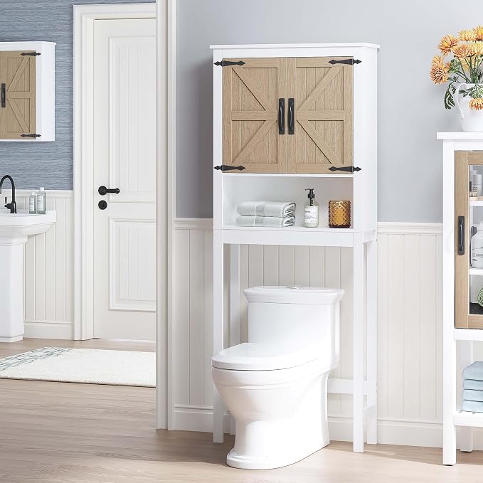 Spirich Over the Toilet Storage Cabinet with Wood-Grain Barn Doors, White | Adjustable Shelves, 33-Inch Toilet Clearance, Adjustable Bottom Rail, Anti-Tip Device, Farmhouse Style, FSC-Certified Wood