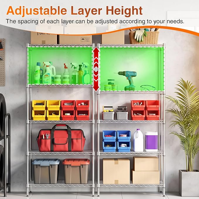 BestOffice | 5-Tier Wire Storage Shelves with Wheels | 14x30x60 | Chrome | Adjustable Racks | Heavy-Duty Metal Shelf, Holds Upto 220 lbs | No-Tool Assembly | Ideal for Home & Garage Shelving