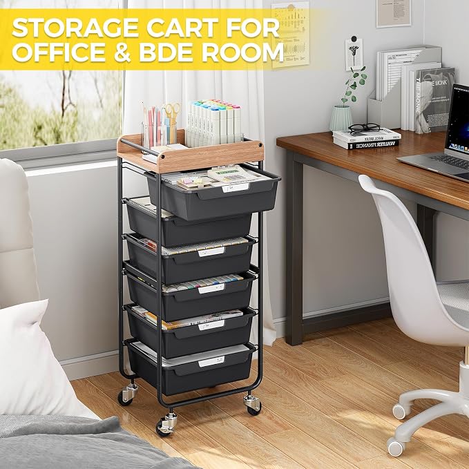 SYKIARIOL Utility Cart with 6 Labeling Drawers and Wooden Tabletop – Rolling Storage Cart for Crafters, Artists, Kids, Teachers, and Students – Organize Arts, Crafts, Sewing & Study Supplies