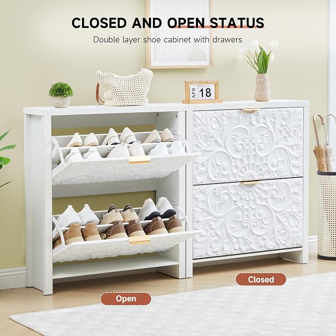 weselon Flip Drawer Shoe Cabinet Set of 2, Narrow Shoe Storage Cabinet, 2-Tier Hidden Shoe Organizer with Carved Floral for Entryway, Slim Shoes Storage for Hallway Foyer (2, White)