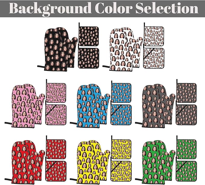 Custom Oven Mitts and Pot Holders Personalized with Your Face, Baking Gifts for Women for Kitchen Cooking, BBQ, Grillin-Style2, 2 Oven Mitts+ 2 Pot Holders