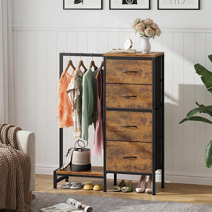 HIGDBFE Tall Dresser 44''H with Hanging Rack, 4 Drawers Small Closet Dresser for Bedroom, Reversible Fabric Chest of Drawers with Clothes Rack, Tall Storage Tower, Sturdy Frame, Rustic Brown
