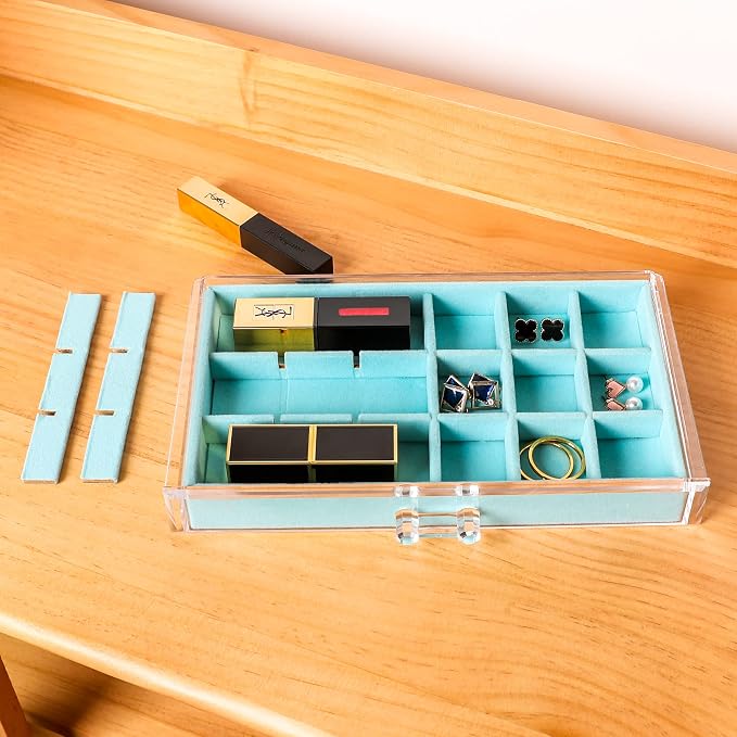 Frebeauty Acrylic Jewelry Organizer Earring Organizer Box with 5 Drawers Earring Holder Organizer with Velvet Trays Clear Jewelry Box for Women Earring Display for Rings Studs(Turquoise) | 61 Jewelry Storage Grid for Rings Studs Bracelet,Velvet Lining,...