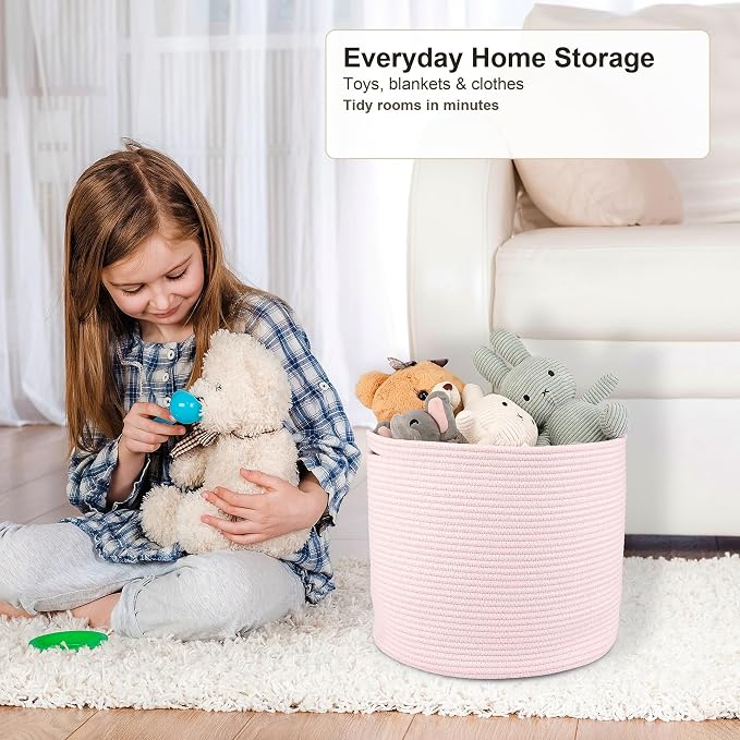 XUANGUO Cotton Rope Woven Basket, 16x14 in Kids Laundry Basket, pink | Round blanket basket and small laundry basket; baby hamper or nursery storage bin for girls, boys, toys, clothes and shoes