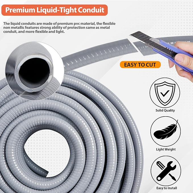 Liquid-Tight Conduit 1/2 100ft w/UL Certification | Flexible Electrical Conduit with 5 Straight and 5 90-Degree Conduit Connector Fittings