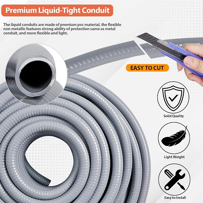 Liquid-Tight Conduit 3/4 100ft w/UL Certification | Flexible Electrical Conduit with 5 Straight and 5 90-Degree Conduit Connector Fittings