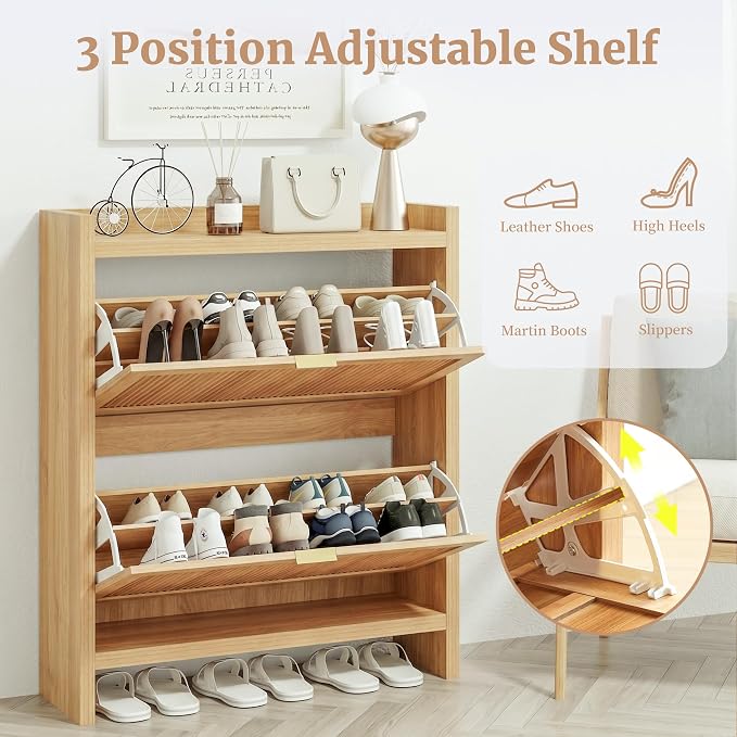 Fluted Shoe Storage Cabinet for Entryway, Farmhouse Narrow Shoe Organizer for Entryway with 2 Flip Drawers, Shoe Dresser for Hallway, Living Room (Natural)