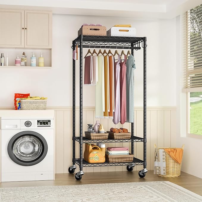 FUTASSI Rolling Clothes Rack, Clothing Racks for Hanging Clothes, Black | P6 Medium Heavy Duty Garment Rack with Wheels, Freestanding Portable Closet Rack with Shelves, 30 In Wide, Max Load 370 LBS