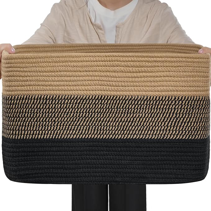 Optish 75L Large Blanket Basket, Woven Storage Baskets with Reinforced Handles, Rope Laundry Basket for Living Room, Bedroom, Nursery, Toys, Clothes, Pillows, 22” x 17” x 11.5”, Black & Brown