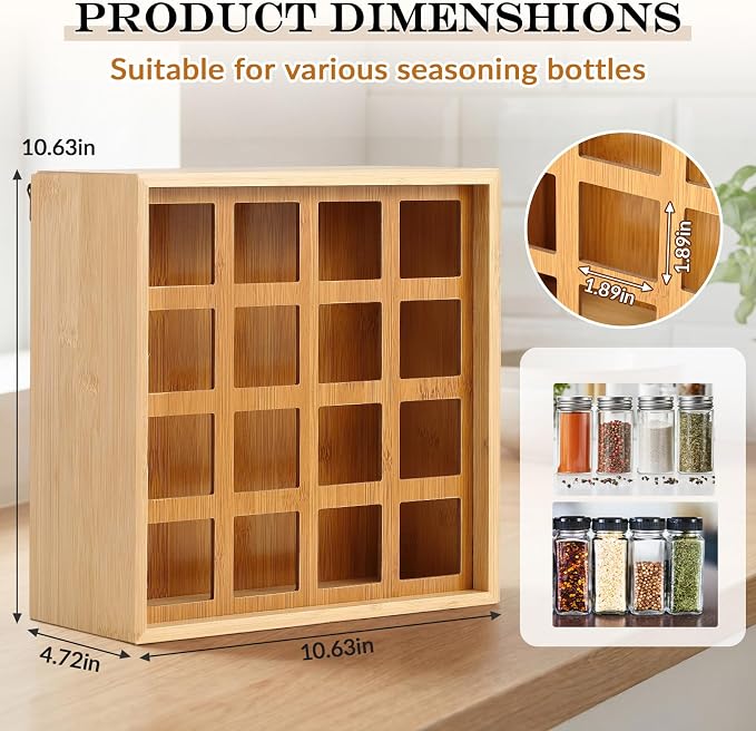 Novabright 16 Grids Bamboo Spice Rack Organizer, Wooden Spice Rack Wall Mount with Square Compartments, Wood Hanging Shelf for 4 oz Glass Jar Drawer Cabinet Kitchen Countertop Wall, Jars Not Included