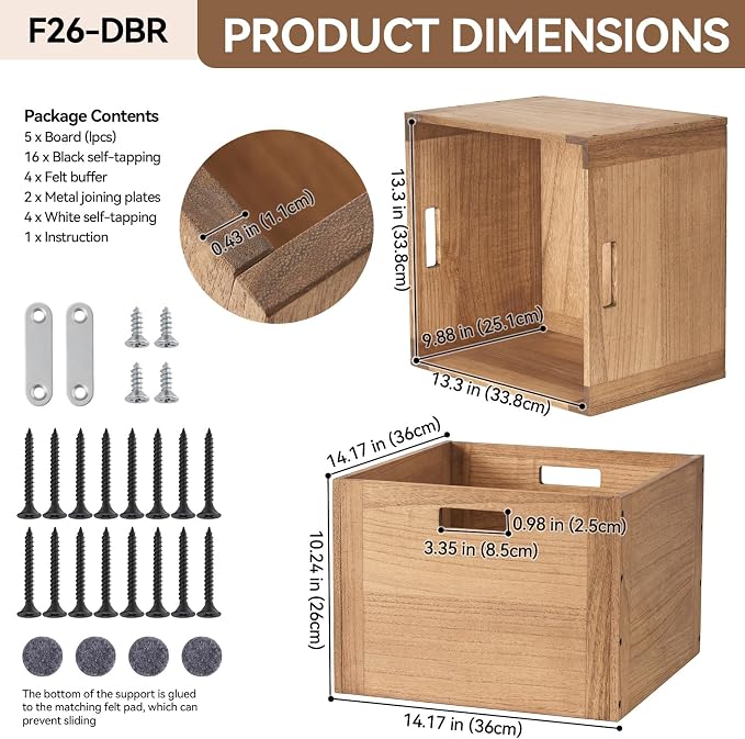 KIRIGEN Stackable Wood Storage Cube with Handles, Open Crate Bin, Brown | Wooden Box and Open Front ,Stackable for Books, Clothes, and Closet Storage, Assembly Required, 14.17 x 14.17 x 10.31 Inch