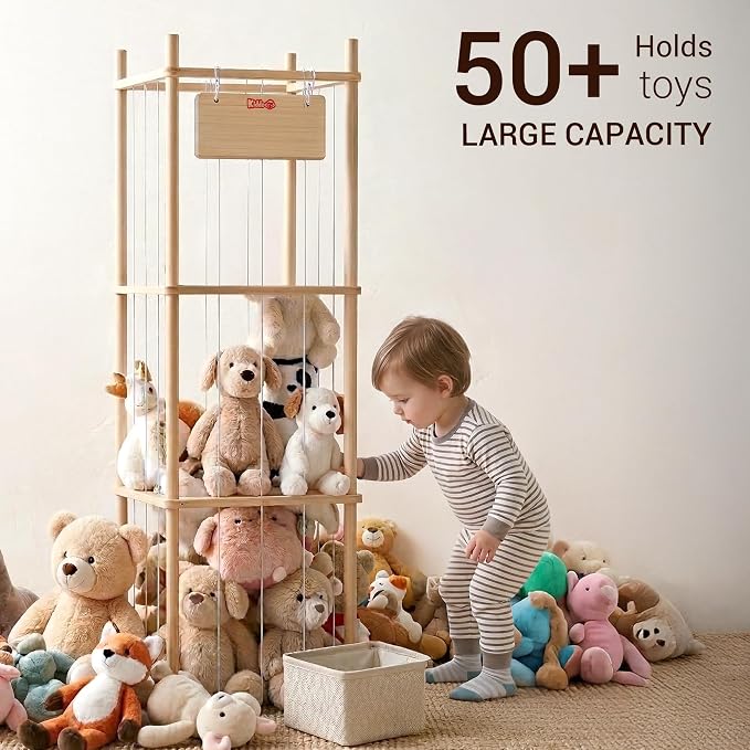 Kiddocood Kids CPC & TIC Certified Stuffed Animal Storage - 3-Tier Large Natural Solid Wood Plush Toy Organizer & Holder, Corner Solution for Playroom & Nursery, BPA-Free & Zero Glue, 53"H