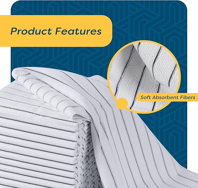 Microfiber Kitchen Towels - [18 Pack], 18" x 26" Microfiber Cleaning Cloth - Soft, Absorbent & Durable Dish Towels for Washing Dishes – Grey and White Microfiber Towel & Cleaning Rags (White, 18)