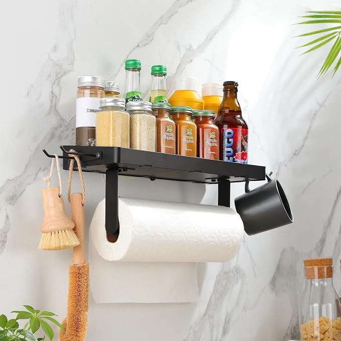 ZUNTO Wall Mounted Paper Towel Holder with Shelf for Garage, Drilling | Heavy Duty, Garage Organization and Storage with Side Hinging Hooks, Screw-in, Black Stainless Steel, Also Ideal for Kitchen
