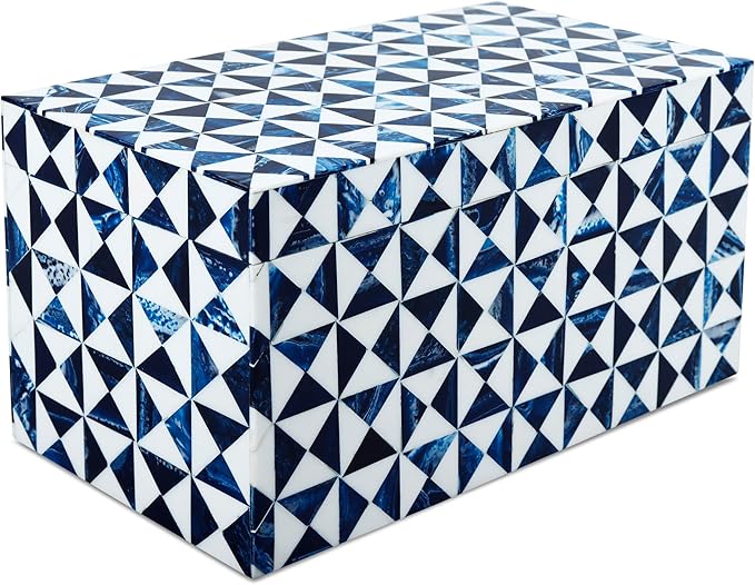 Handicrafts Home Blue and White Decorative Storage Box with Lid– Large Decorative Storage Box, Handmade Resin Inlay Wooden Box, Memory Keepsake Box, Jewelry Organizer, Coffee Table Decor Box-10x5x5