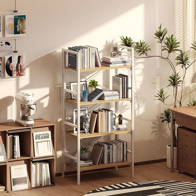 4 Tier Folding Bookshelf, Foldable Book Shelf, Industrial Metal Tall Bookcase, Etagere Book Shelf Storage Organizer for Living Room, Bedroom, and Home Office (Light Coffee, 4 Tier)