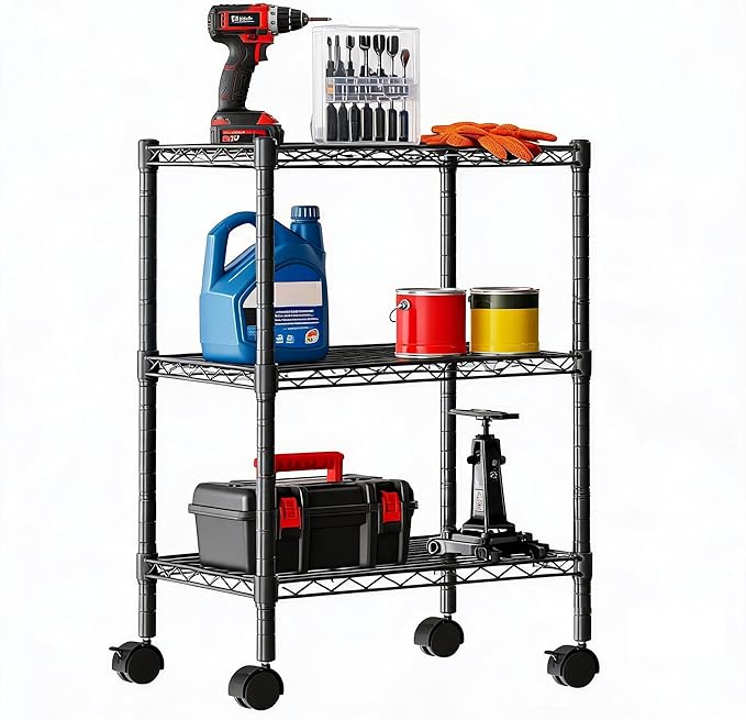 DUMOS 3-Tier Metal Storage Shelves, 23" W Wire Shelving Storage Rack with Lockable Wheels, Adjustable Shelving Unit, Standing Closet for Garage, Kitchen, Office, Living Room, 23" Wx13 Dx30 H