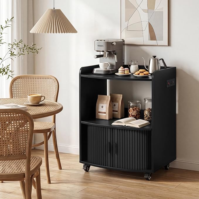 Bifins Coffee Bar Cart for Home, 3 Tier Rolling Serving Carts with Wheels | Coffee Cart with Removable Metal Brackets and Sliding Doors,Mobile Liquor Sideboard Cabinet for Home Bar, Kitchen