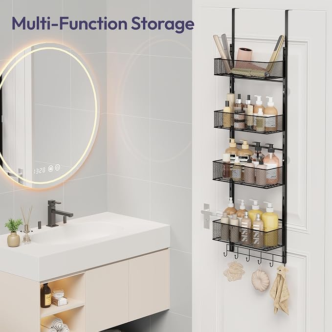 SWTYMIKI Over the Door Purse Organizer - Wall Mounted Purse Rack with 4 Adjustable Metal Basket and 6 Hooks, Hanging Bag Rack for Handbag Organizer, Bag Storage Can Use As 1/2 Part, for Door