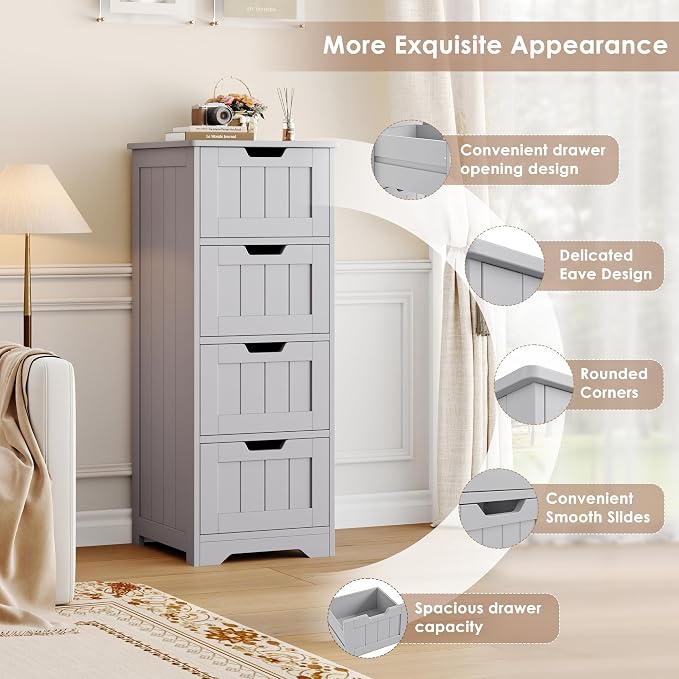 FOTOSOK Bathroom Storage Cabinet, Bathroom Cabinet with 4 Drawers, 11.8” x 11.8” x 32.5” Freestanding Entryway Cupboard Storage Organizer Unit Home Furniture Decor, Grey