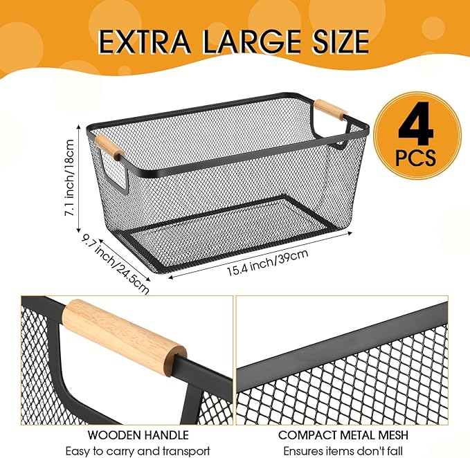 Ziliny 4 Pcs Metal Mesh Wire Baskets with Wooden Handles for Organizing, Pantry Organizers and Storage Steel Bin Kitchen Baskets for Fruit Potato Onion Snacks Bathroom Cabinet(Extra Large,Black)