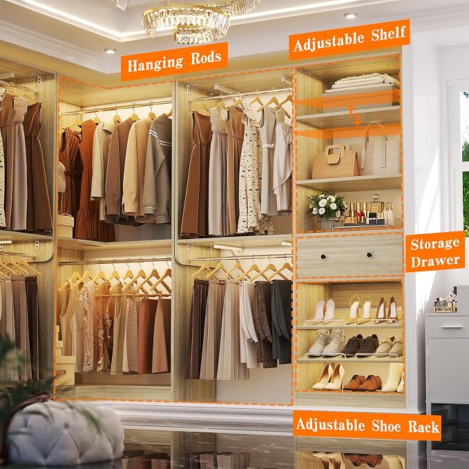 Armocity Closet System Set of 2 - Corner Closet Organizer System with Drawer/9 Shelves/4 Hanging Rods, 91.3" L-Shaped Walk-In Wardrobe Organizer, 1800+ lbs Capacity, White Oak
